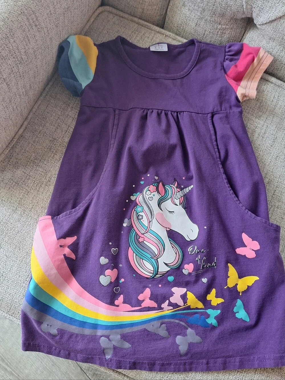 Girls 4/5 Purple Unicorn Rainbow Pocket Dress